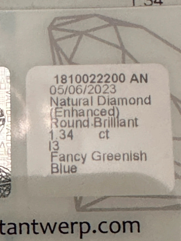 Fancy Greenish Blue Diamond - 1.34 ct -  Color Treated - I3 Clarity