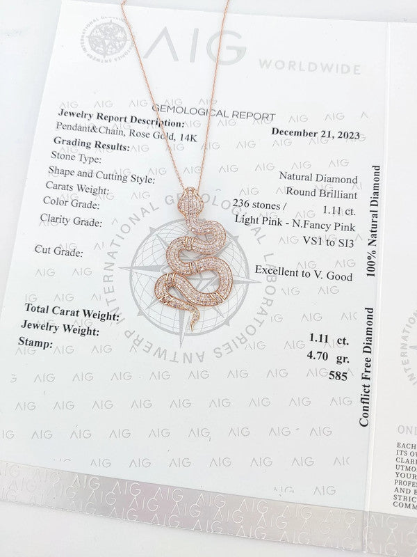 Tesoro Di Milano - 1.11ct. Pink Diamond Snake Pendant in 14 kt. Pink Gold